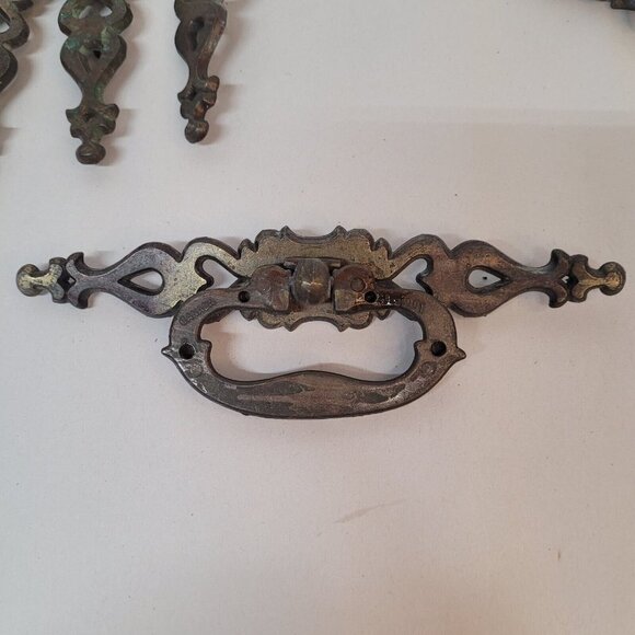 Vintage Metal Brass Hardware Drawer Pulls & Covers 14 Pc Set w Brackets - Picture 2 of 9
